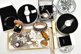 A SELECTION OF YELLOW METAL, SILVER, WHITE METAL AND COSTUME JEWELLERY, to include a pair of cubic