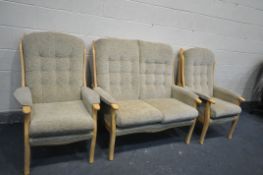 A MODERN BEECHWOOD FRAMED OATMEAL THREE PIECE SUITE consisting of a two seat sofa, 123cm wide and