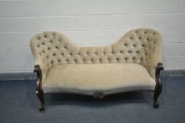 A VICTORIAN SOFA, with two raised ends, button back, scrolled terminations, on cabriole front