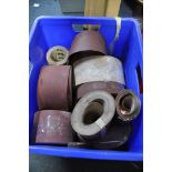 A BOX OF EMERY CLOTH ROLLS along with a quantity of thin wooden sheets/offcuts