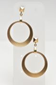 A PAIR OF 9CT YELLOW GOLD HOOP EARRINGS, each suspending an engine turned pattern hoop, hallmarked