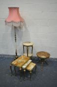 AN ONYX AND BRASS STANDARD LAMP with a similar two tier occasional table, wine table and nest of