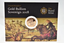 A ROYAL MINT CARDED 2008 GOLD BULLION SOVEREIGN COIN, 7.98 grams, 22.05mm, issue limit 75,000,