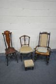 A VICTORIAN STYLE MAHOGANY AND INLAID HIGH BACK CHAIR, along with a bergère seated mahogany