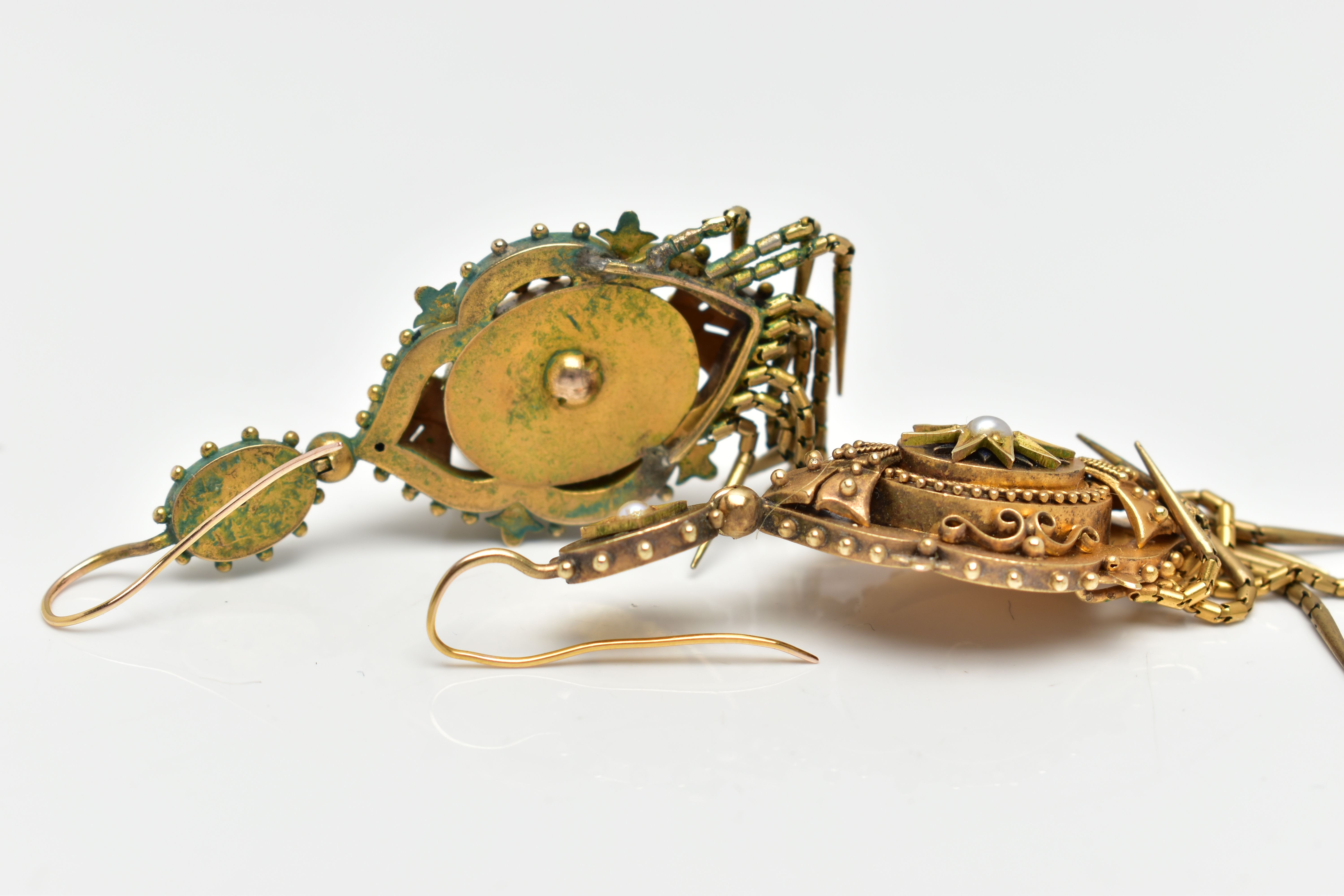 A PAIR OF MID 19TH CENTURY ETRUSCAN STYLE EARRINGS, yellow metal Victorian drop earrings, fish - Image 4 of 4