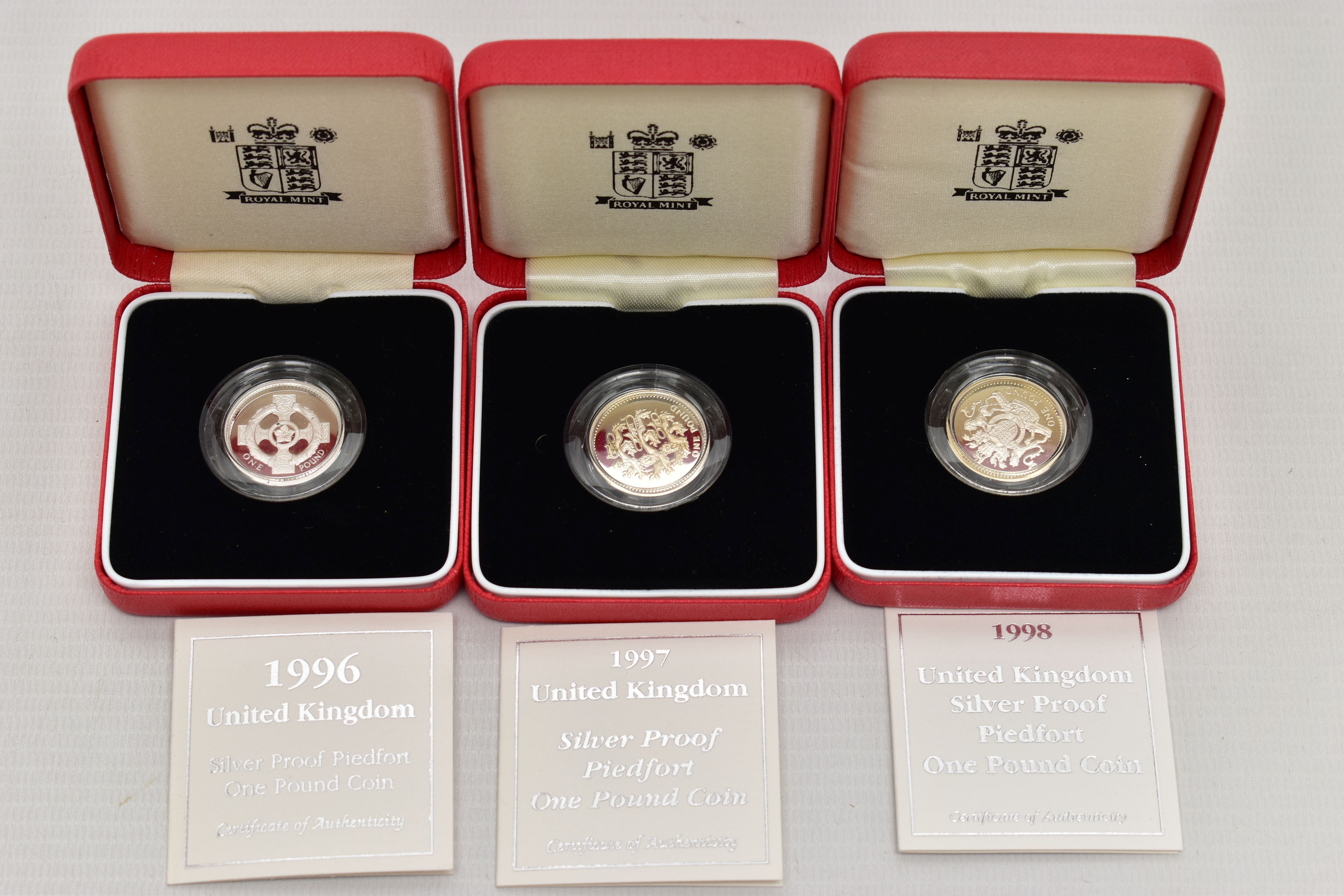 SILVER PIEDFORT PROOF ROYAL MINT ONE POUND COINS 1996, 1997, 1998, all boxed with cetificates