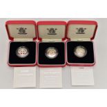 SILVER PIEDFORT PROOF ROYAL MINT ONE POUND COINS 1996, 1997, 1998, all boxed with cetificates