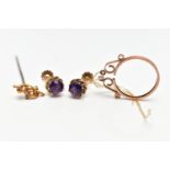 ASSORTED YELLOW METAL JEWELLERY, to include a pair of amethyst earrings prong set in yellow metal