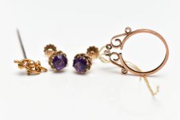 ASSORTED YELLOW METAL JEWELLERY, to include a pair of amethyst earrings prong set in yellow metal