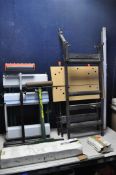 A SELECTION OF STANDS/WORKBENCHES to include a Wolfcraft clamping folding workbench, another folding