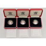 SILVER PIEDFORT PROOF ROYAL MINT ONE POUND COINS, 2000, 2001, 2002 boxed with cetificates