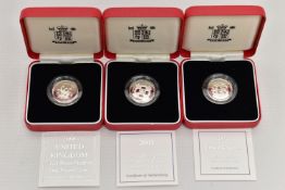 SILVER PIEDFORT PROOF ROYAL MINT ONE POUND COINS, 2000, 2001, 2002 boxed with cetificates