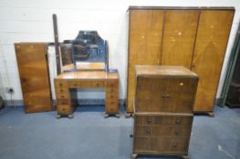 A WALNUT BEDROOM SUITE, comprising a triple door wardrobe, width 168cm x depth 56cm x height