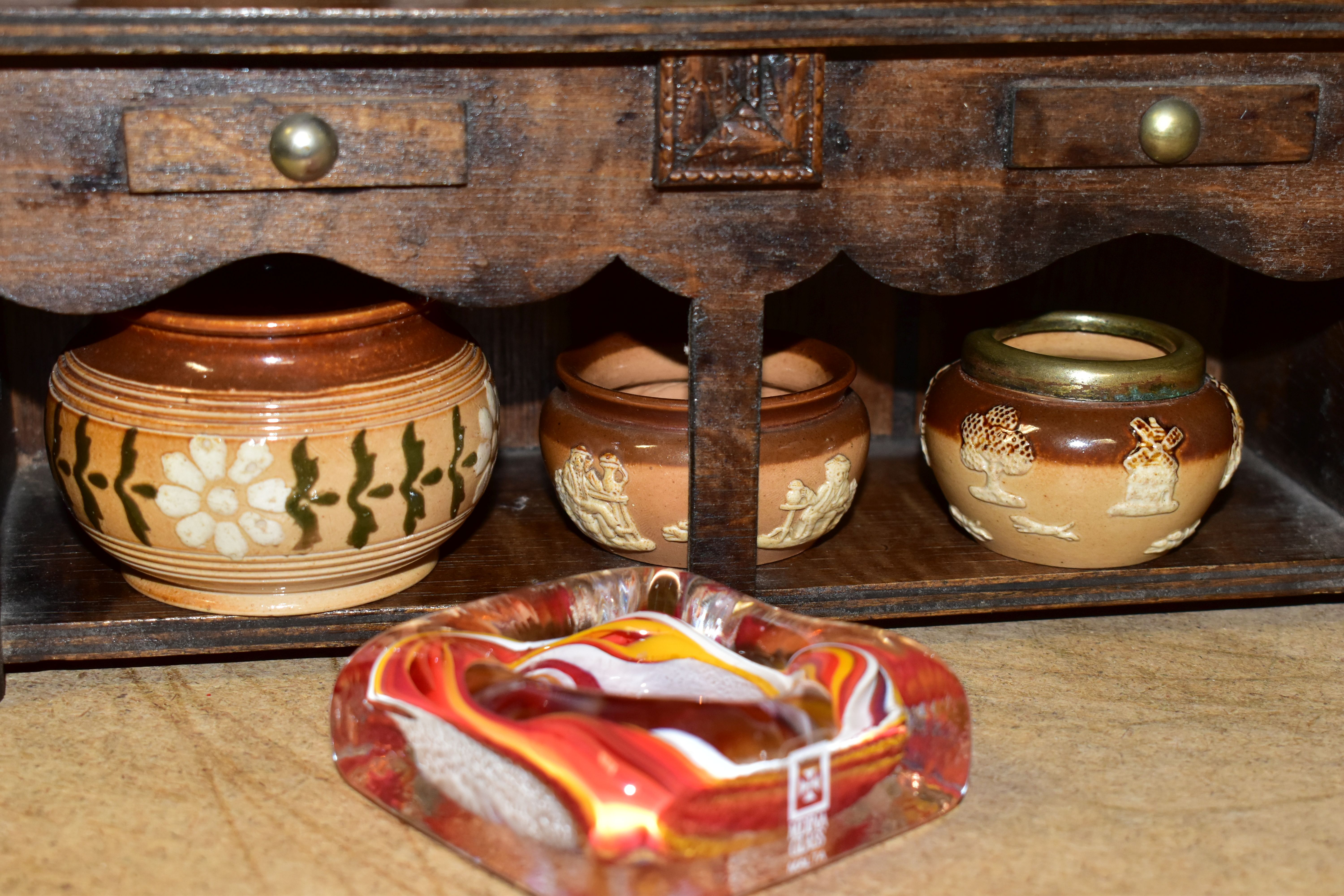 A MINIATURE WOODEN DRESSER by D.E Arthur displaying an assortment of miniature Doulton Lambeth - Image 4 of 5