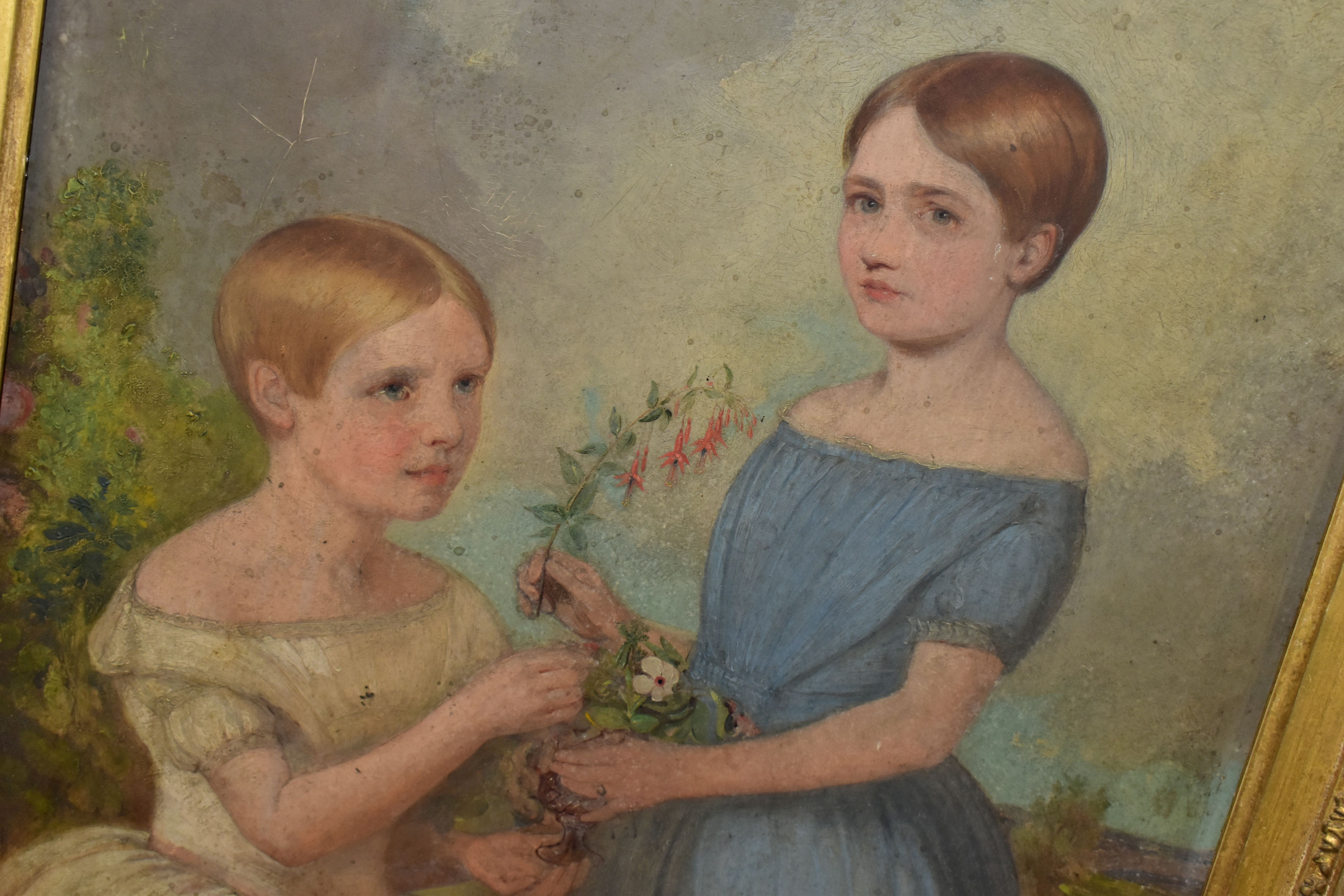 AN EARLY VICTORIAN PORTRAIT STUDY DEPICTING TWO YOUNG FIGURES, one is standing and wears a blue - Image 3 of 7