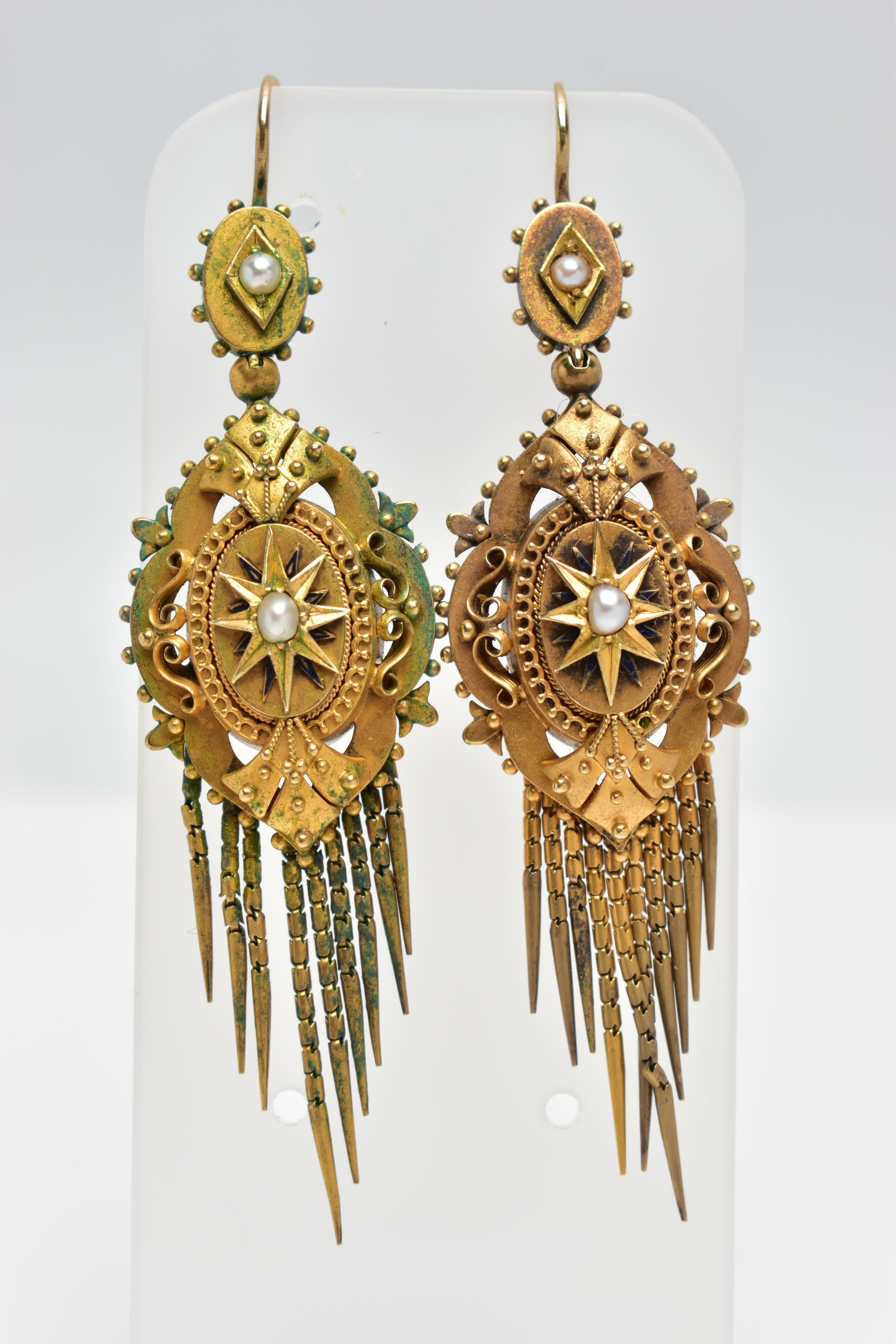 A PAIR OF MID 19TH CENTURY ETRUSCAN STYLE EARRINGS, yellow metal Victorian drop earrings, fish