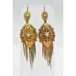 A PAIR OF MID 19TH CENTURY ETRUSCAN STYLE EARRINGS, yellow metal Victorian drop earrings, fish