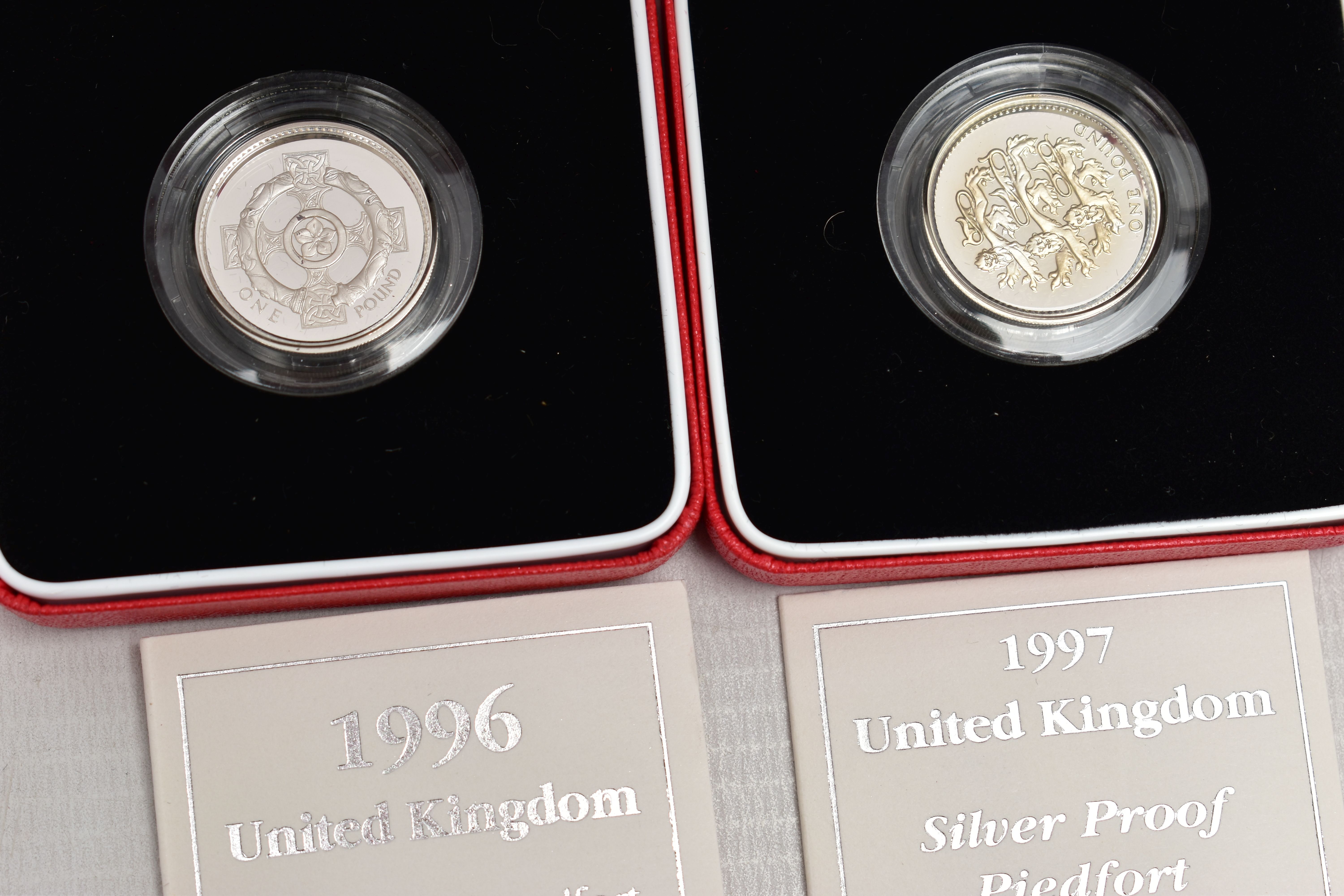 SILVER PIEDFORT PROOF ROYAL MINT ONE POUND COINS 1996, 1997, 1998, all boxed with cetificates - Image 2 of 3