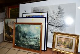 A SMALL COLLECTION OF PAINTINGS AND PRINTS, to include a continental alpine landscape scene,