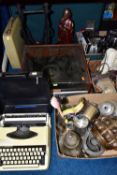 THREE BOXES AND LOOSE METAL WARES, TURNTABLE, TELEPHONES AND SUNDRY ITEMS, to include a Van Der