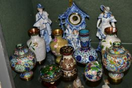 A GROUP OF CLOISONNE AND CHAMPLEVE ENAMEL WARES AND CERAMICS, comprising a pair and two non-matching