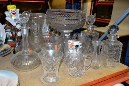 A GROUP OF GLASS WARES, to include a large cut crystal pedestal bowl (bowl and base are separate)