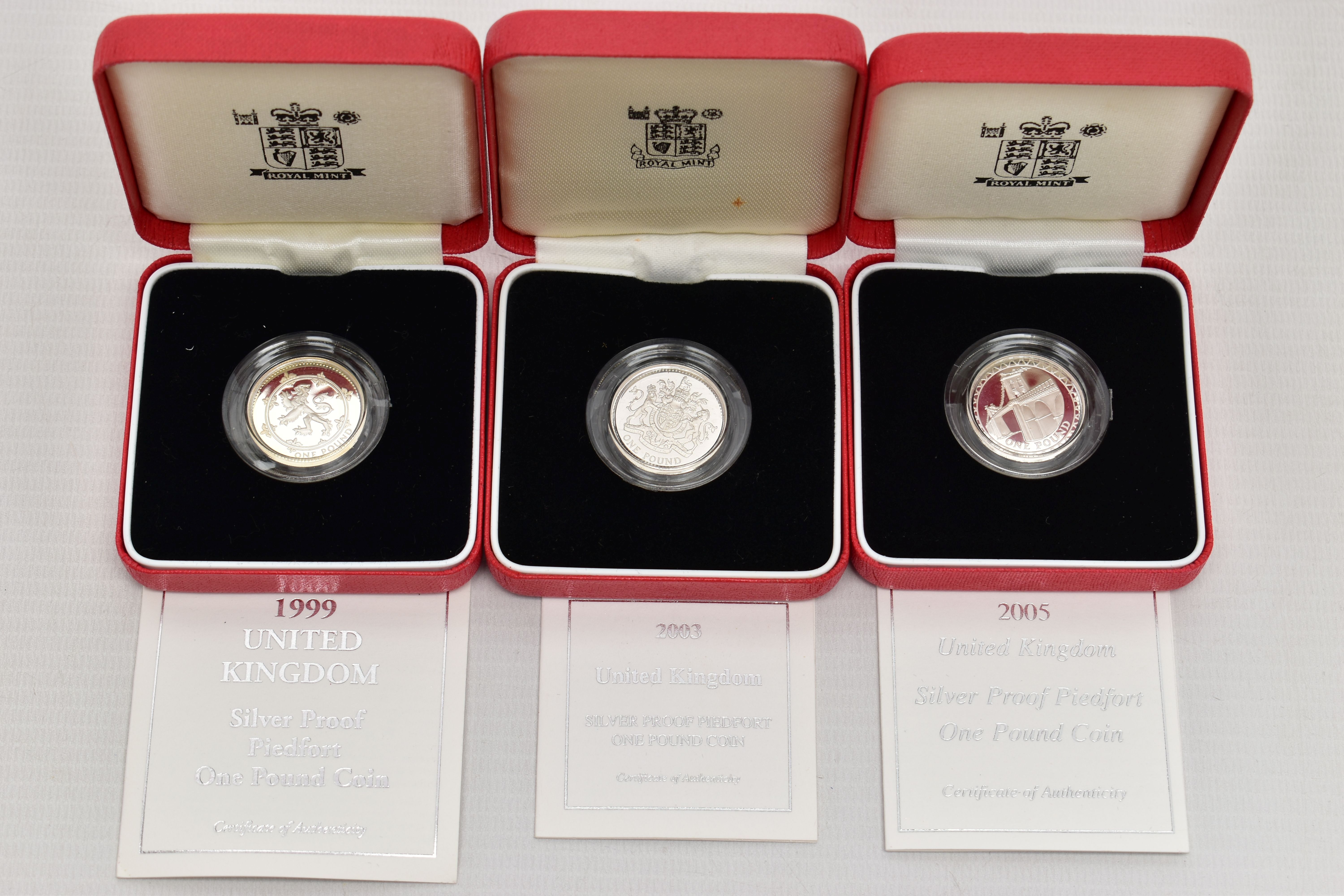 ROYAL MINT SILVER PIEDFORT PROOF ONE POUND COINS, 1999,2003,2005 all boxed with certificates