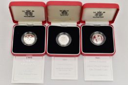 ROYAL MINT SILVER PIEDFORT PROOF ONE POUND COINS, 1999,2003,2005 all boxed with certificates