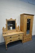 AN EDWARDIAN PINE SINGLE MIRRORED DOOR WARDROBE, width 95cm x depth 48cm x height 195cm and a