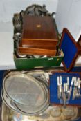 A LARGE COLLECTION OF TABLEWARE, LARGE SERVING TRAYS AND CASED CANTEENS, to include a wooden case