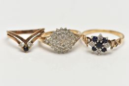 THREE 9CT GOLD DIAMOND AND GEM SET RINGS, to include a single cut diamond tiered cluster ring,