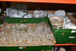 THREE BOXES OF TEAWARES AND GLASSWARE, to include a hand painted Art Deco style Grafton tea set,