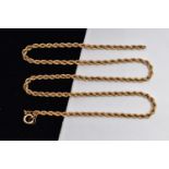 A 9CT GOLD CHAIN, an AF yellow gold rope chain, approximate length 465mm, fitted with a spring