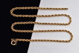 A 9CT GOLD CHAIN, an AF yellow gold rope chain, approximate length 465mm, fitted with a spring