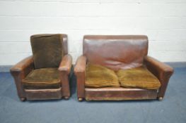 A VINTAGE BROWN LEATHER LOUNGE SUITE, comprising a two seater settee and an armchair (condition:-