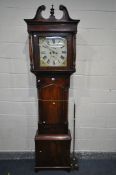 A GEORGE IV MAHOGANY EIGHT DAY LONGCASE CLOCK, the hood enclosing a painted 13 inch dial, with roman