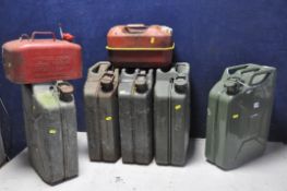 A COLLECTION OF PETROL CANS comprising five twenty litre petrol cans and two ten litre petrol cans