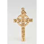 A 9CT YELLOW GOLD CELTIC CROSS PENDANT, engraved symbols to the front, hallmarked 9ct Dublin, fitted