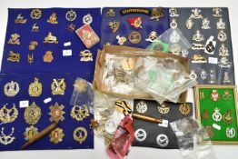 A LARGE BOX OF SEVERAL DISPLAY PADS OF MILITARY CAP BADGES, shoulder titles, Airborne etc,