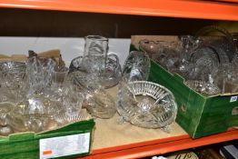THREE BOXES OF CUT GLASS AND CRYSTAL, to include two cut crystal footed Pinwheel bowls, cake stands,