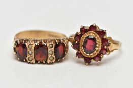 TWO 9CT GOLD GARNET RINGS, to included a garnet three stone ring set with three oval cut garnets,