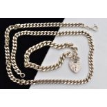 A SILVER CHAIN NECKLACE AND BRACELET, a flat curb link silver chain necklace, approximate length