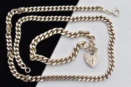 A SILVER CHAIN NECKLACE AND BRACELET, a flat curb link silver chain necklace, approximate length