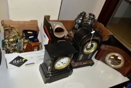 TWO BOXES AND LOOSE CLOCKS, METALWARES, TOOLS AND SUNDRY ITEMS, to include two slate mantel