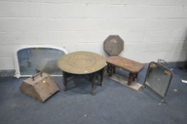 A COLLECTION OF OCCASSIONAL FURNITURE including an Indian brass top folding table with a dished