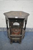 A LATE 19TH CENTURY HEXAGONAL MOORISH TABLE, blind fretwork carving throughout, and inlaid with