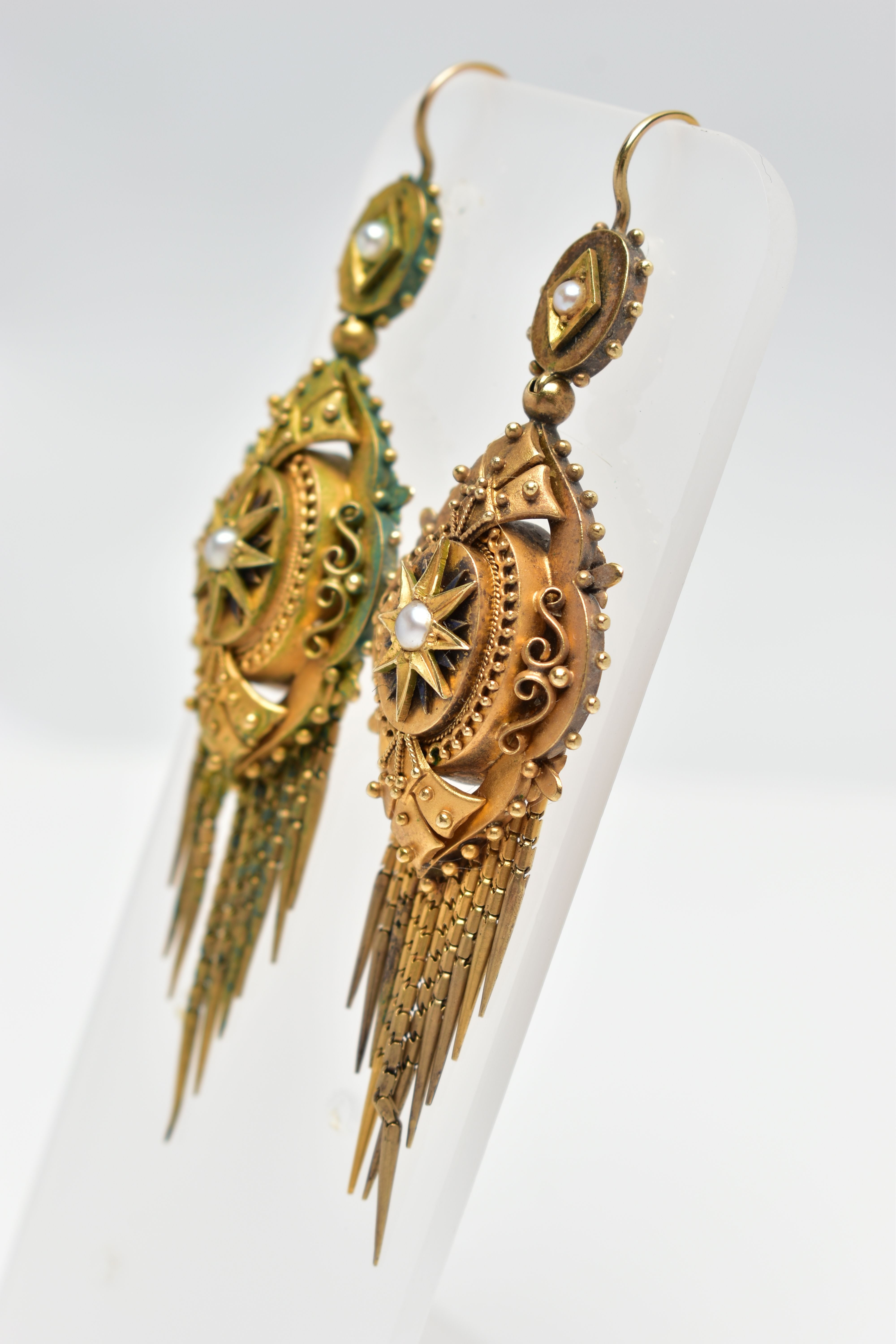 A PAIR OF MID 19TH CENTURY ETRUSCAN STYLE EARRINGS, yellow metal Victorian drop earrings, fish - Image 3 of 4