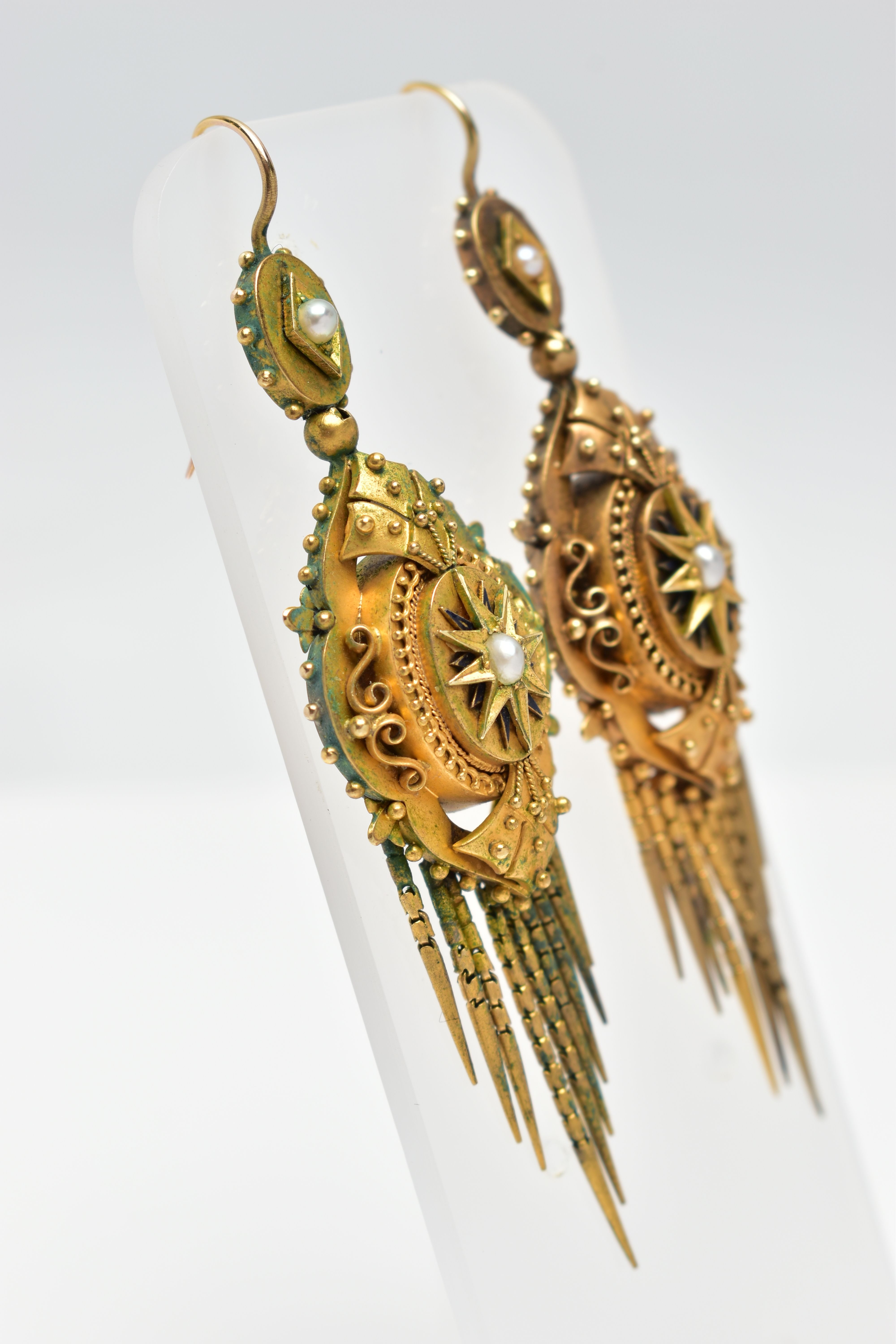 A PAIR OF MID 19TH CENTURY ETRUSCAN STYLE EARRINGS, yellow metal Victorian drop earrings, fish - Image 2 of 4