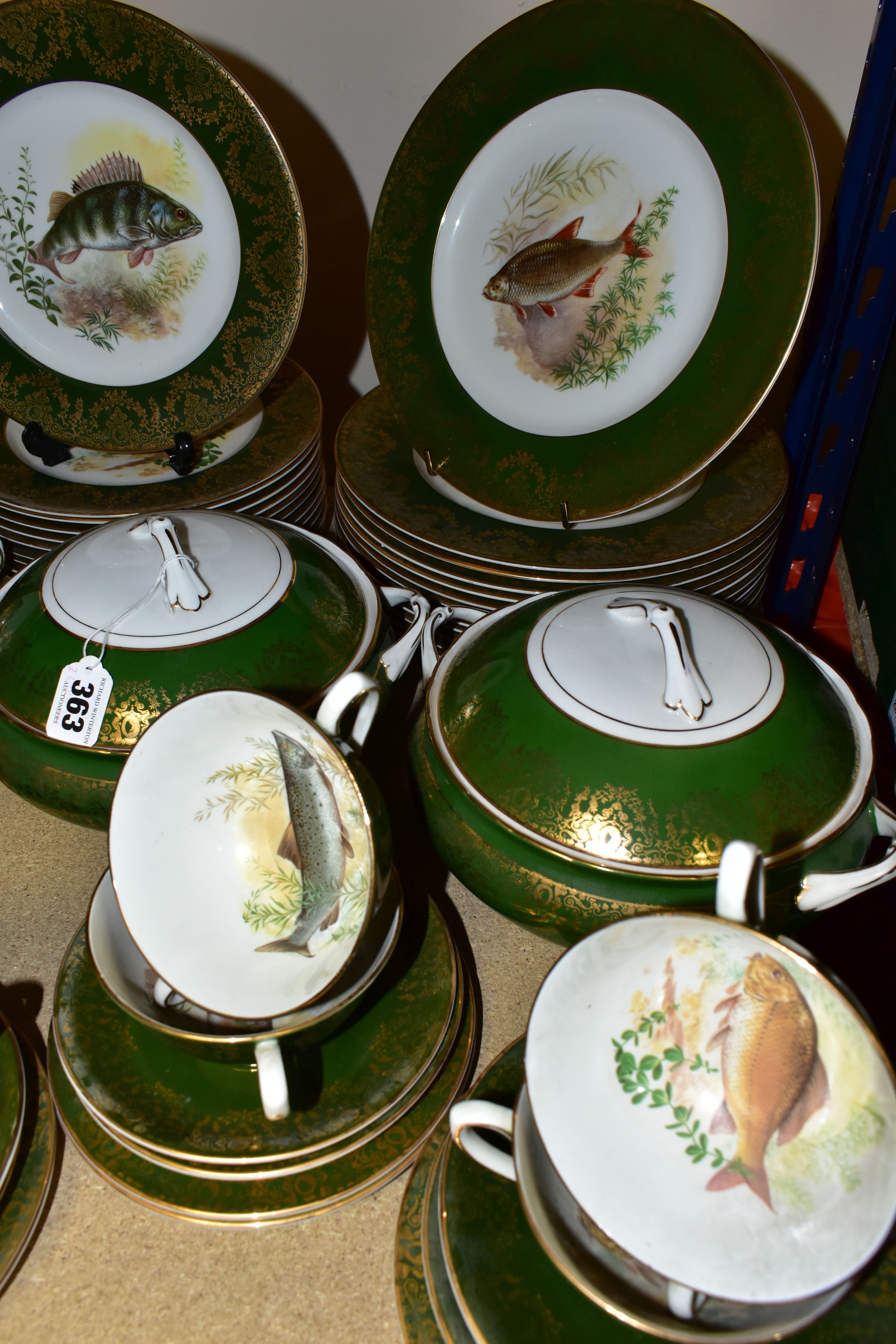 AN 'EDWARDIAN' DINNER SERVICE DECORATED WITH COLD WATER FISH, with a green and gold border - Image 2 of 5