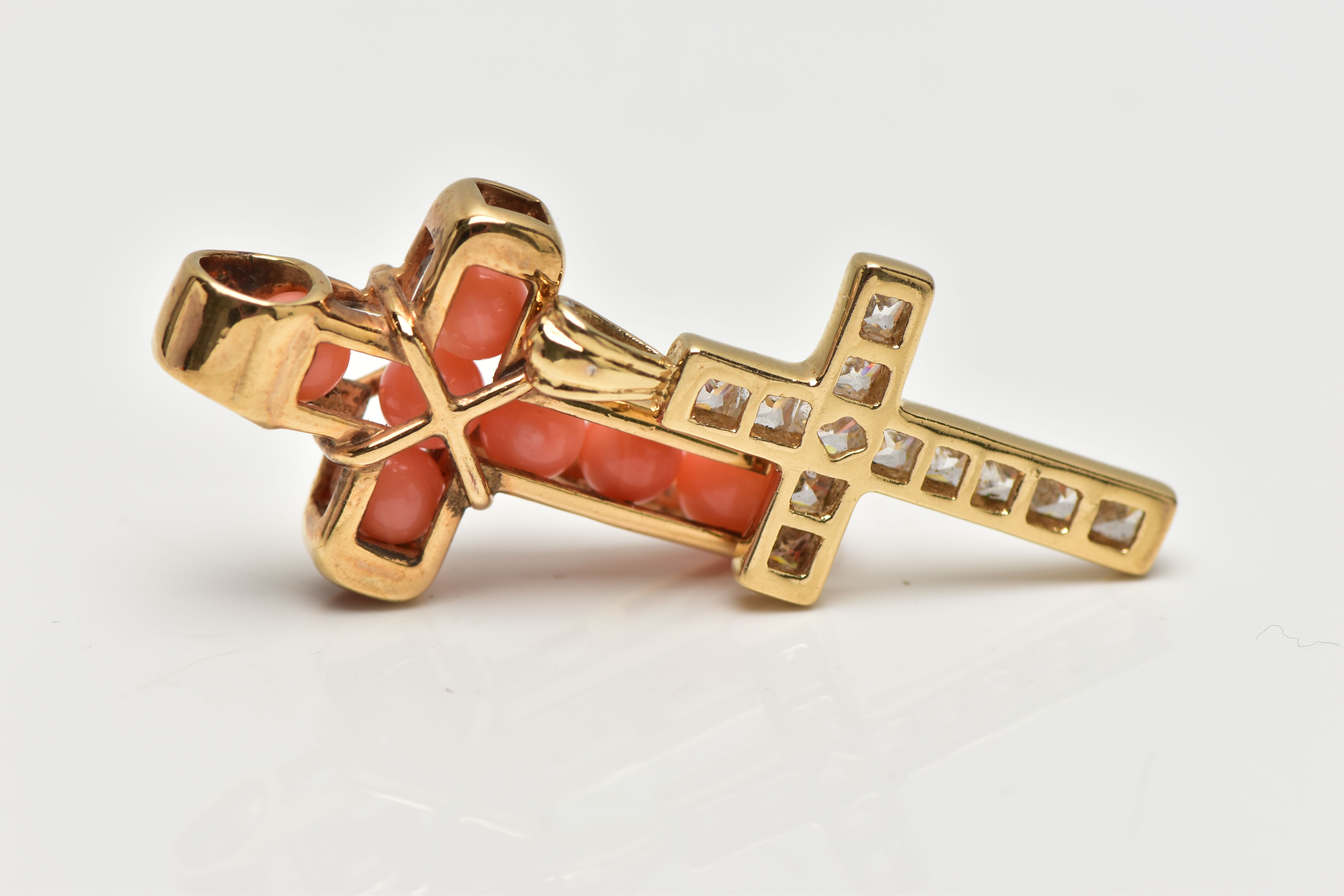 TWO YELLOW METAL GEM SET CROSS PENDANTS, to include a cross pendant set with coral beads and a cross - Image 3 of 3